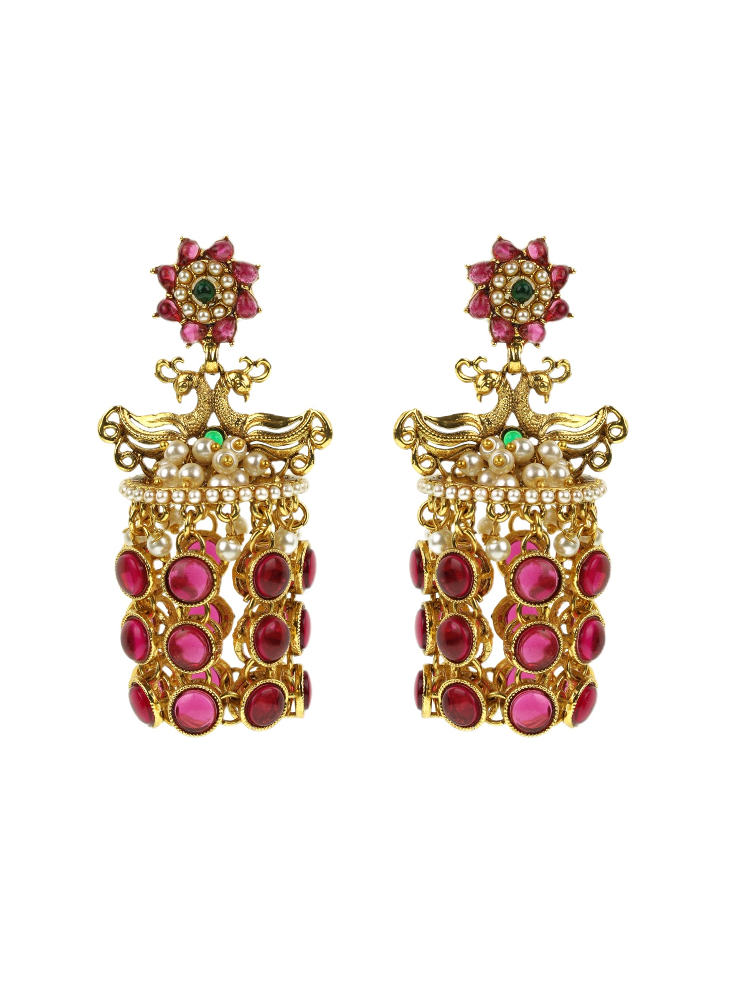 Ruby studded and beaded Peacock shaped Earring