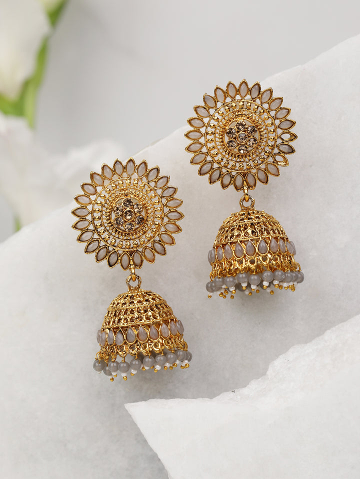 Grey Stone Studded Floral Jhumka Earring