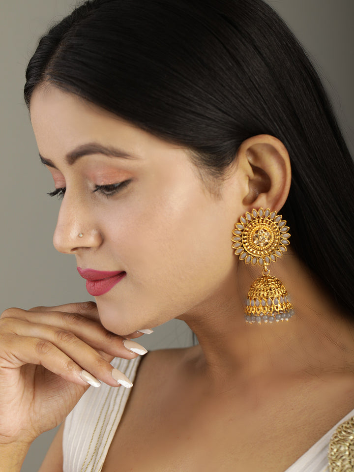 Grey Stone Studded Floral Jhumka Earring