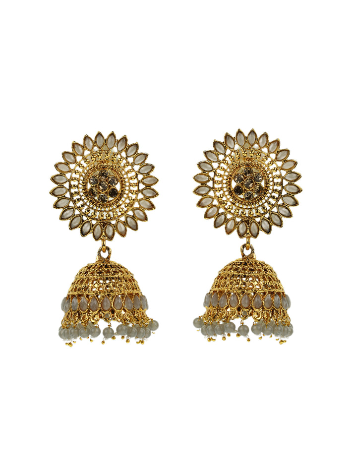 Grey Stone Studded Floral Jhumka Earring