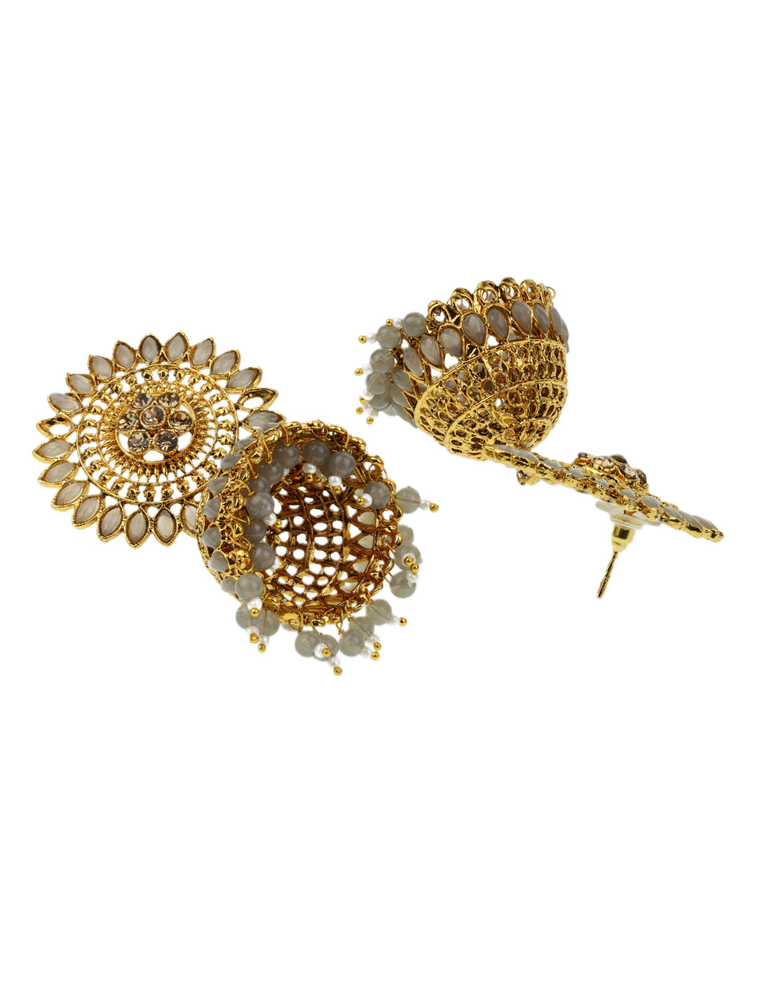 Grey Stone Studded Floral Jhumka Earring