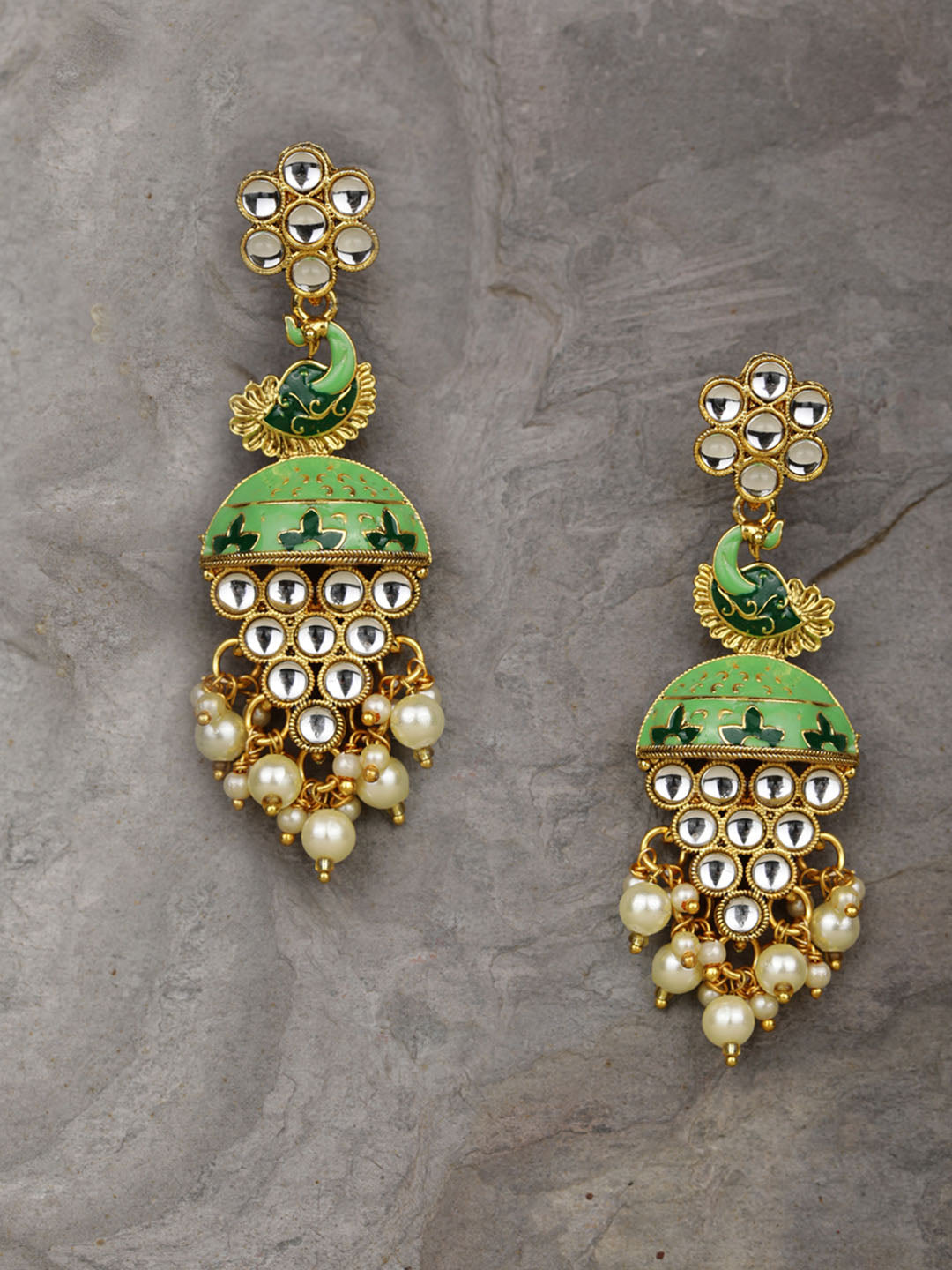 Madhuri - Peacock Shaped Floral Kundan Pearl Drop Earrings