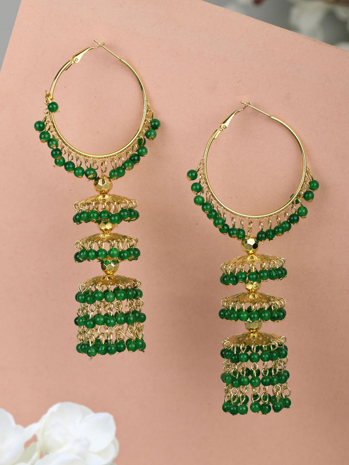 Green Beads Gold Plated Hooped Traditional Jhumka Earring