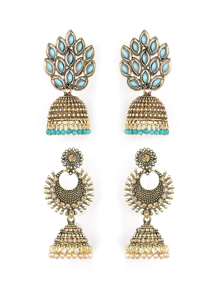 Combo Set of 2 Blue Beads Gold Plated Traditional Jhumka Earring