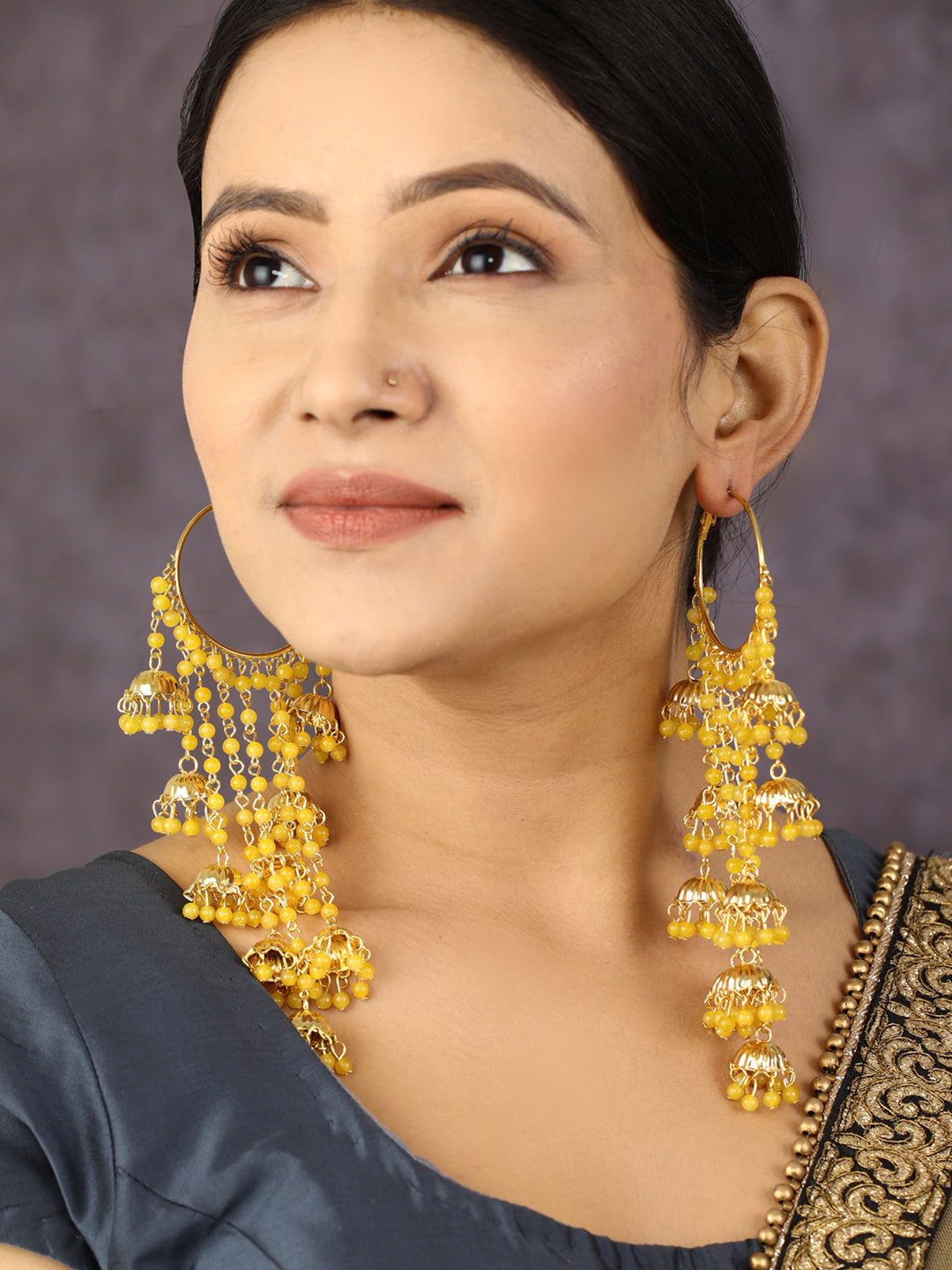Yellow Beads Gold Plated Hooped Traditional Drop Earring