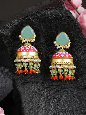 Multi-Color Stones Beads Gold Plated Traditional Jhumka Earring