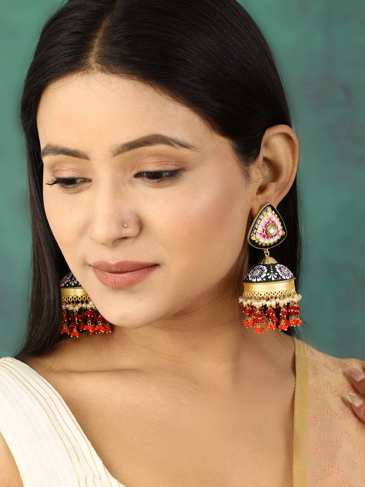 Multi-Color Stones Beads Gold Plated Traditional Jhumka Earring