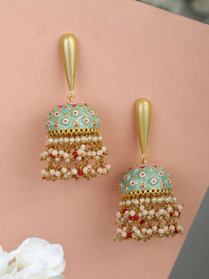 Blue Beads Gold Plated Traditional Jhumka Earring