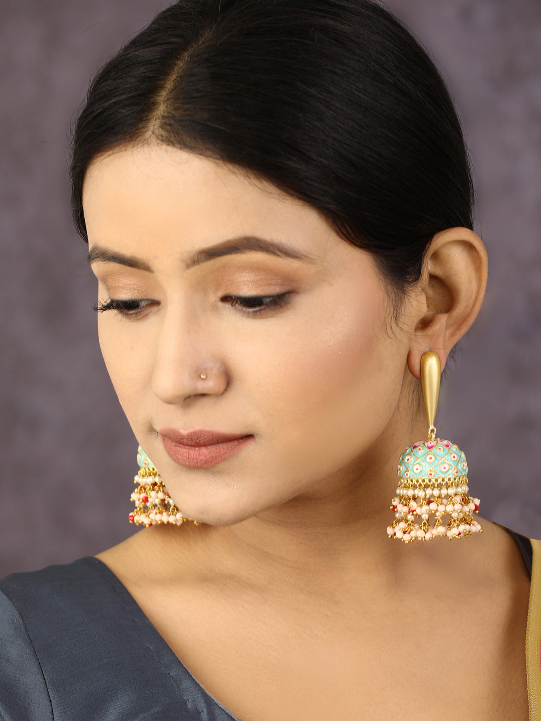 Blue Beads Gold Plated Traditional Jhumka Earring