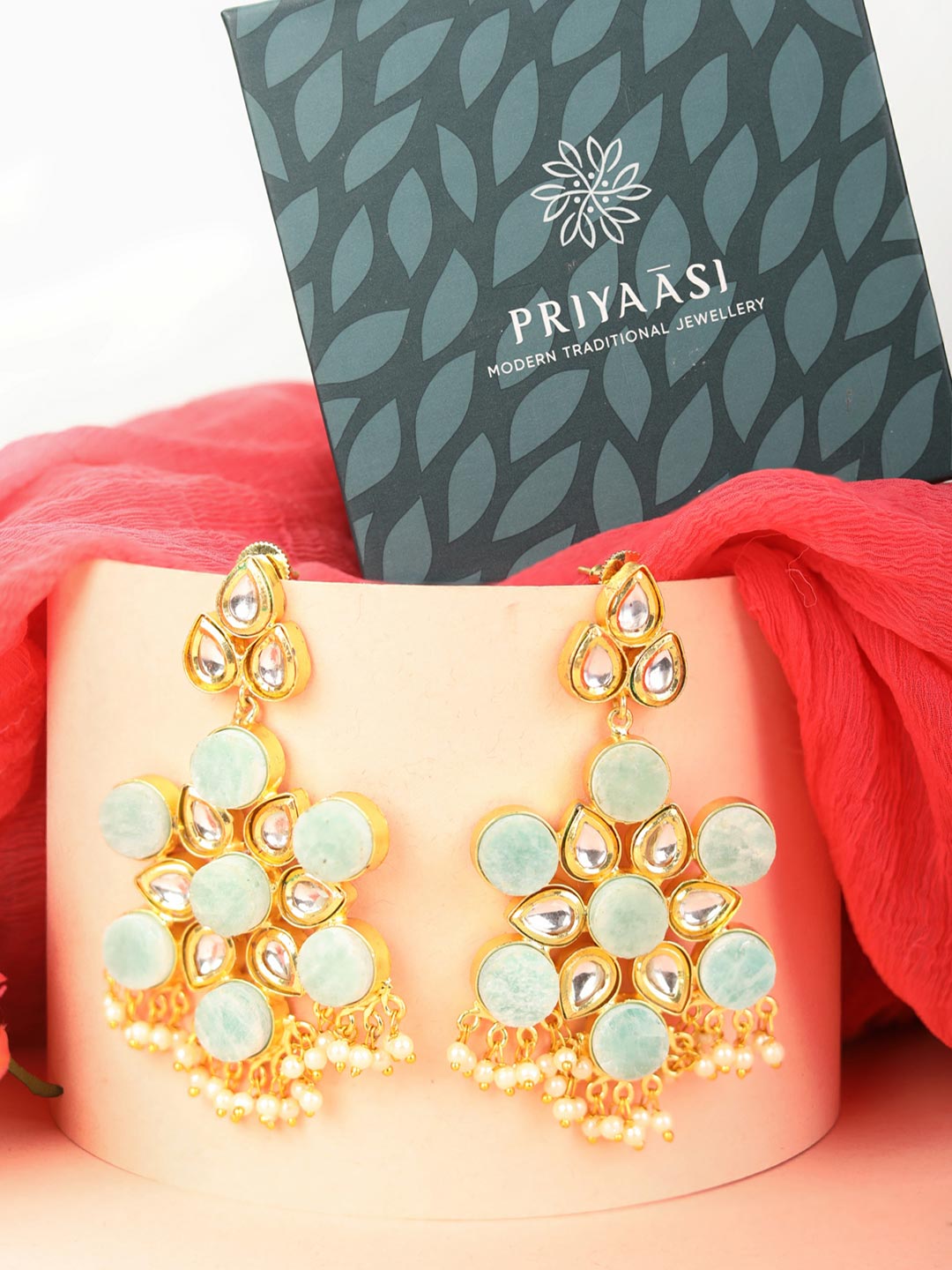Mint Green Beads Kundan Stone Gold Plated Floral Drop Earring