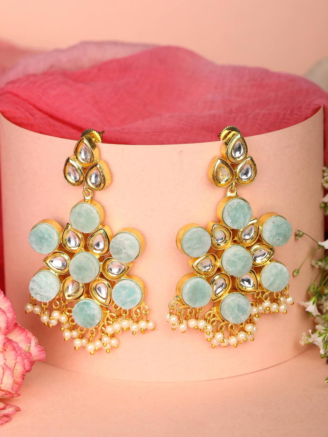 Mint Green Beads Kundan Stone Gold Plated Floral Drop Earring