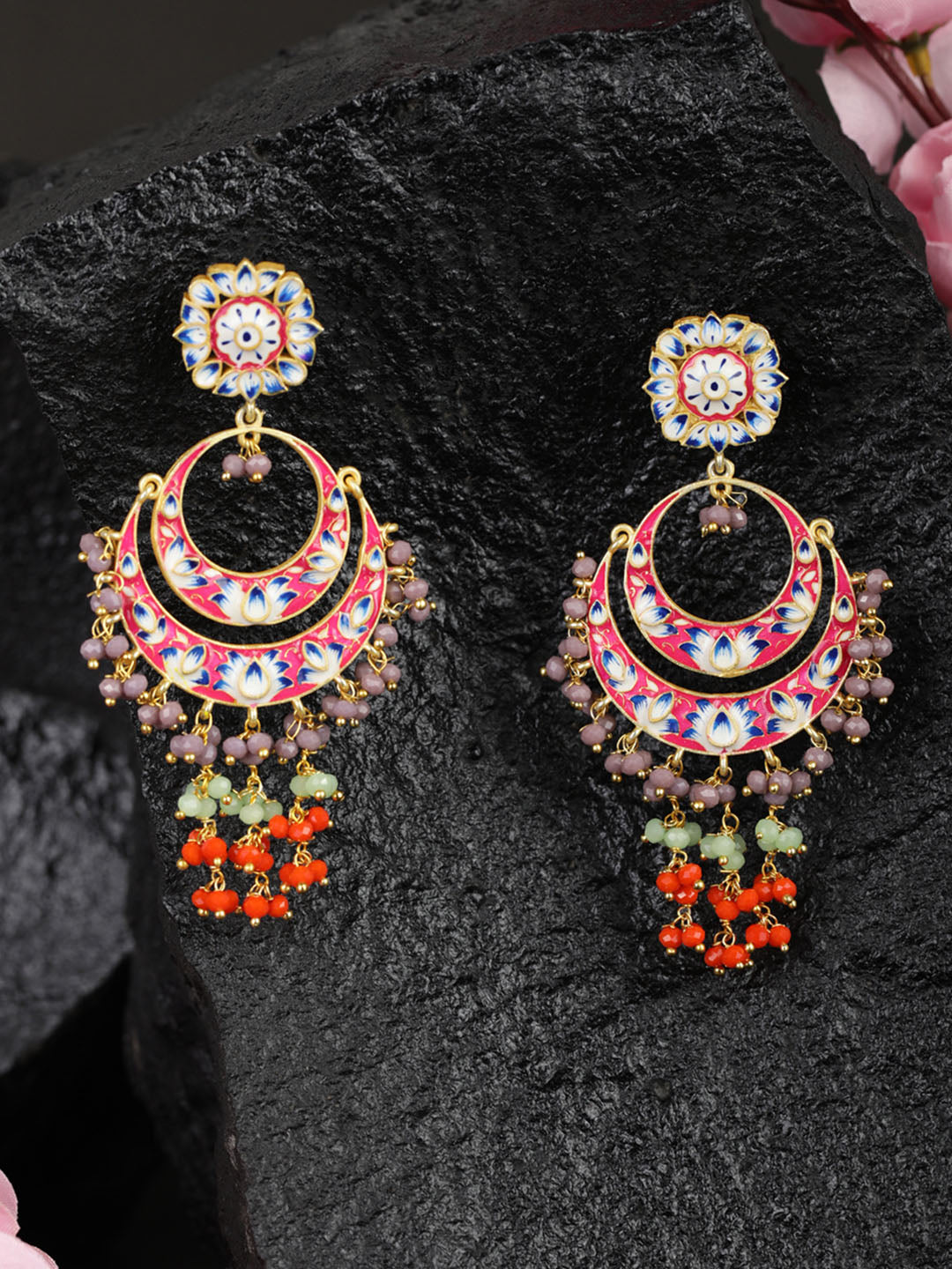 Multi-Color Beads Gold Plated Crescent Traditional Chandbali Earring