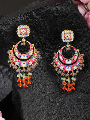 Multi-Color Beads Gold Plated Crescent Traditional Chandbali Earring