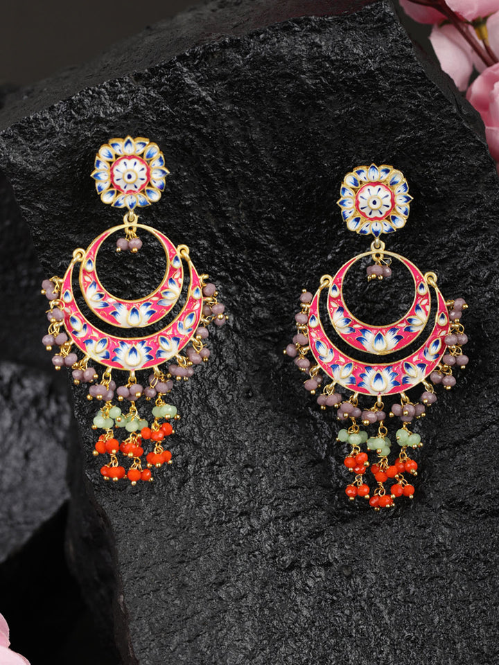 Multi-Color Beads Gold Plated Crescent Traditional Chandbali Earring
