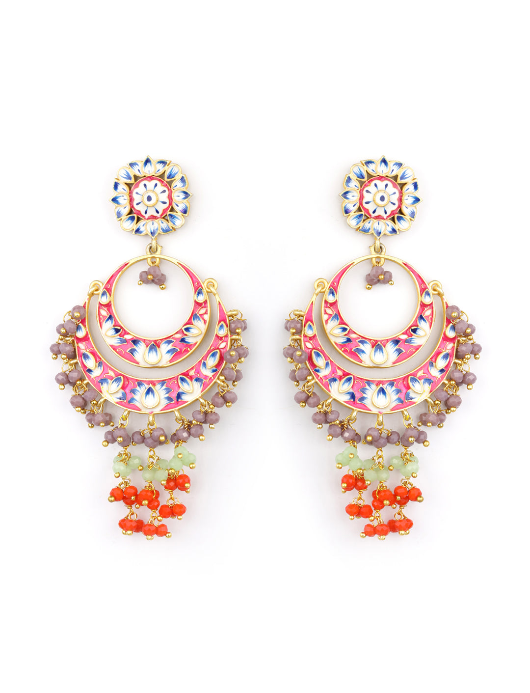 Multi-Color Beads Gold Plated Crescent Traditional Chandbali Earring