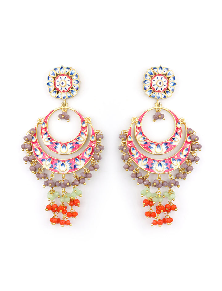 Multi-Color Beads Gold Plated Crescent Traditional Chandbali Earring