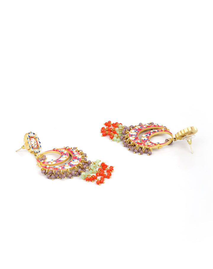 Multi-Color Beads Gold Plated Crescent Traditional Chandbali Earring