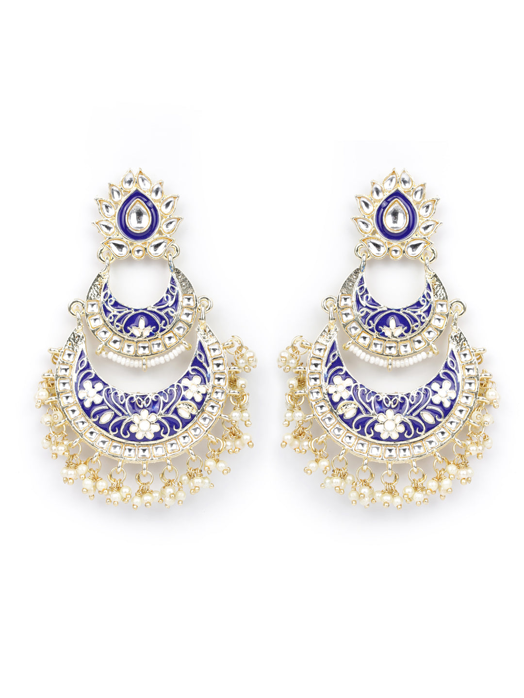 Blue Kundan Beads Gold Plated Floral Traditional Jhumka Earring