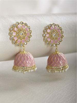 Pink Kundan Beads Gold Plated Traditional Jhumka Earring