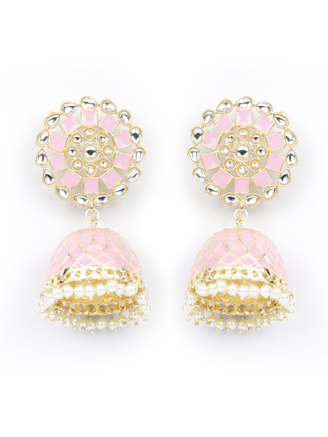 Pink Kundan Beads Gold Plated Traditional Jhumka Earring