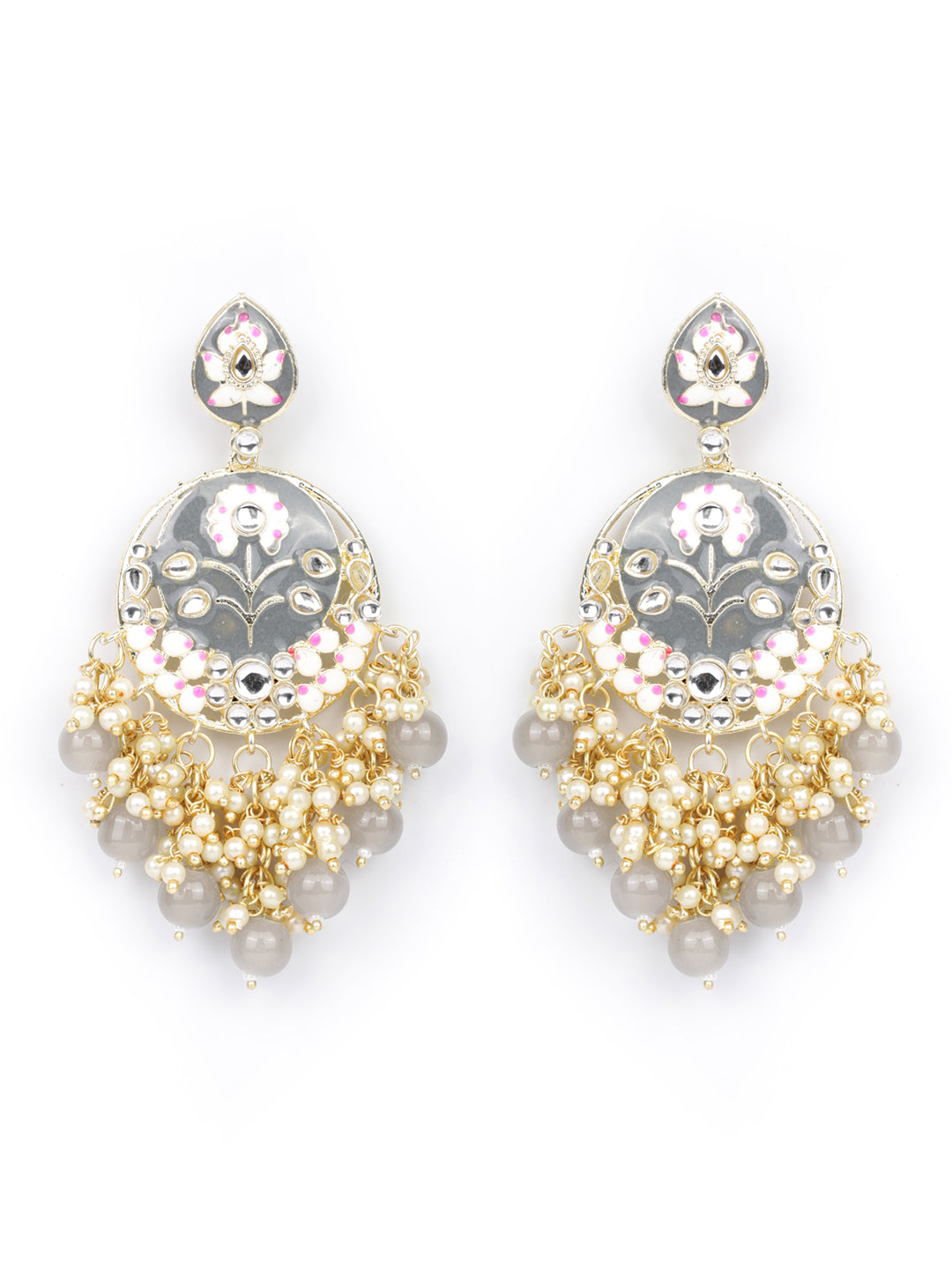 Grey Pearls Beads Kundan Gold Plated Floral Traditional Drop Earring