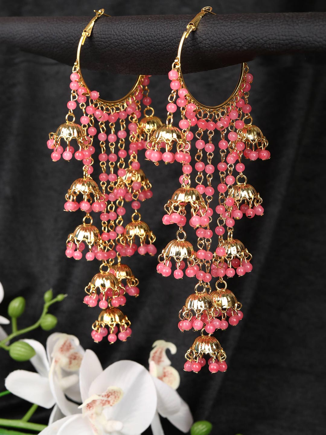 Pink Beads Gold Plated Hoop Earring