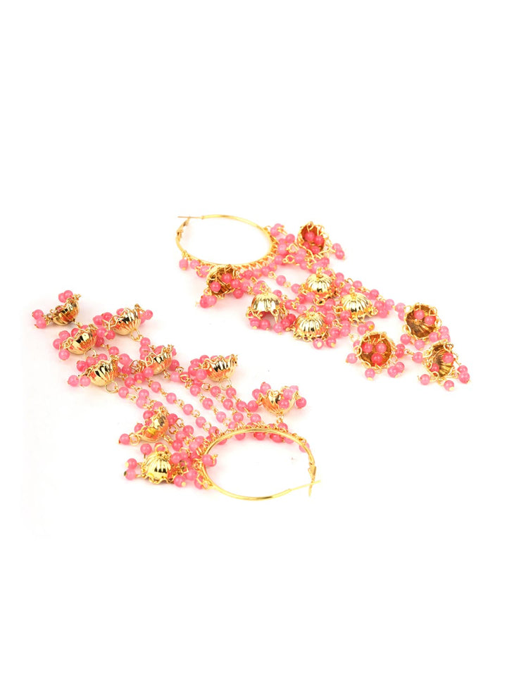 Pink Beads Gold Plated Hoop Earring