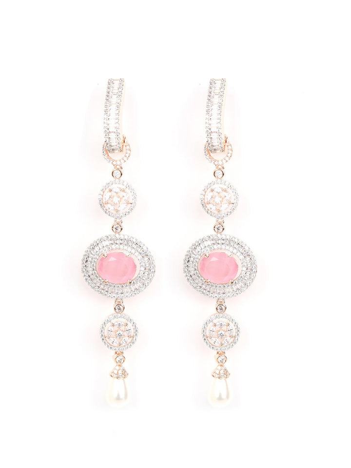 Pink Stones Pearls American Diamond Drop Earring
