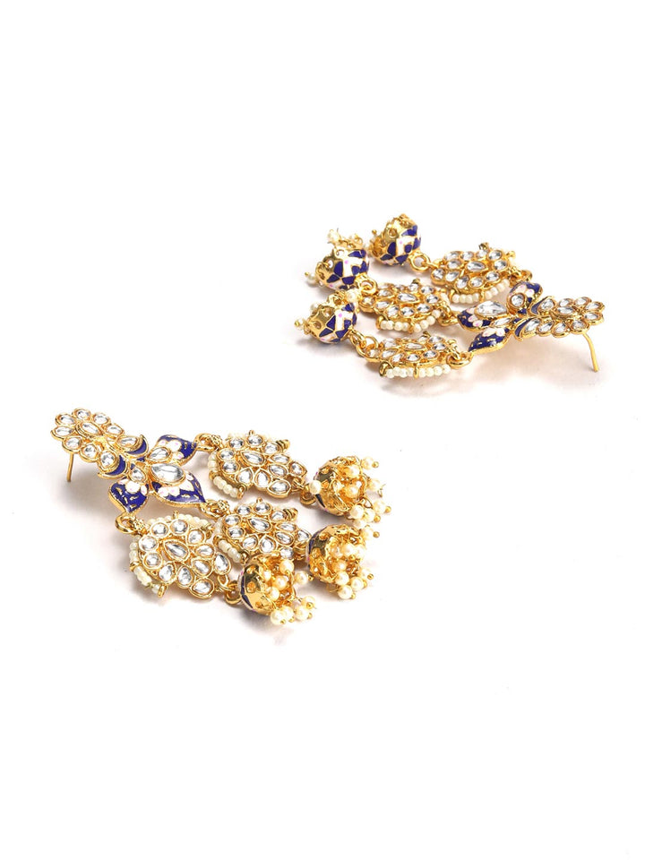 Pink Blue Kundan Beads Gold Plated Drop Earring