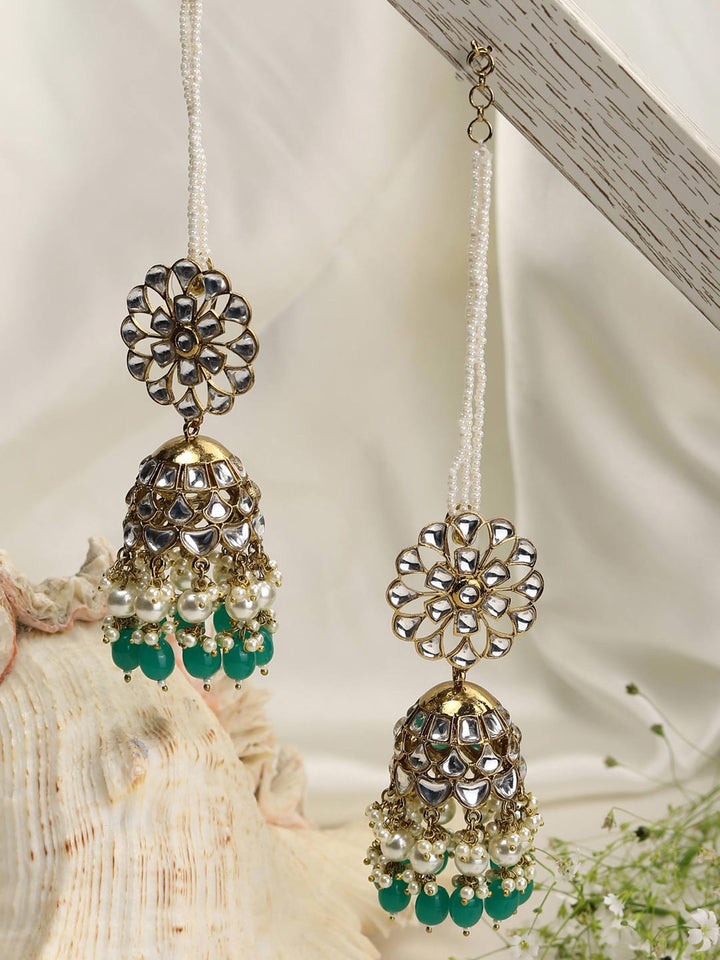 Green White Pearls Beads Kundan Gold Plated Floral Chained Jhumka Earring