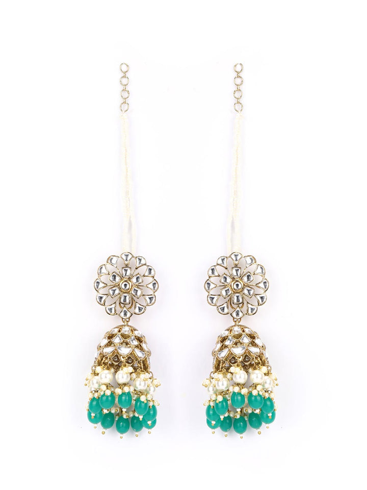 Green White Pearls Beads Kundan Gold Plated Floral Chained Jhumka Earring