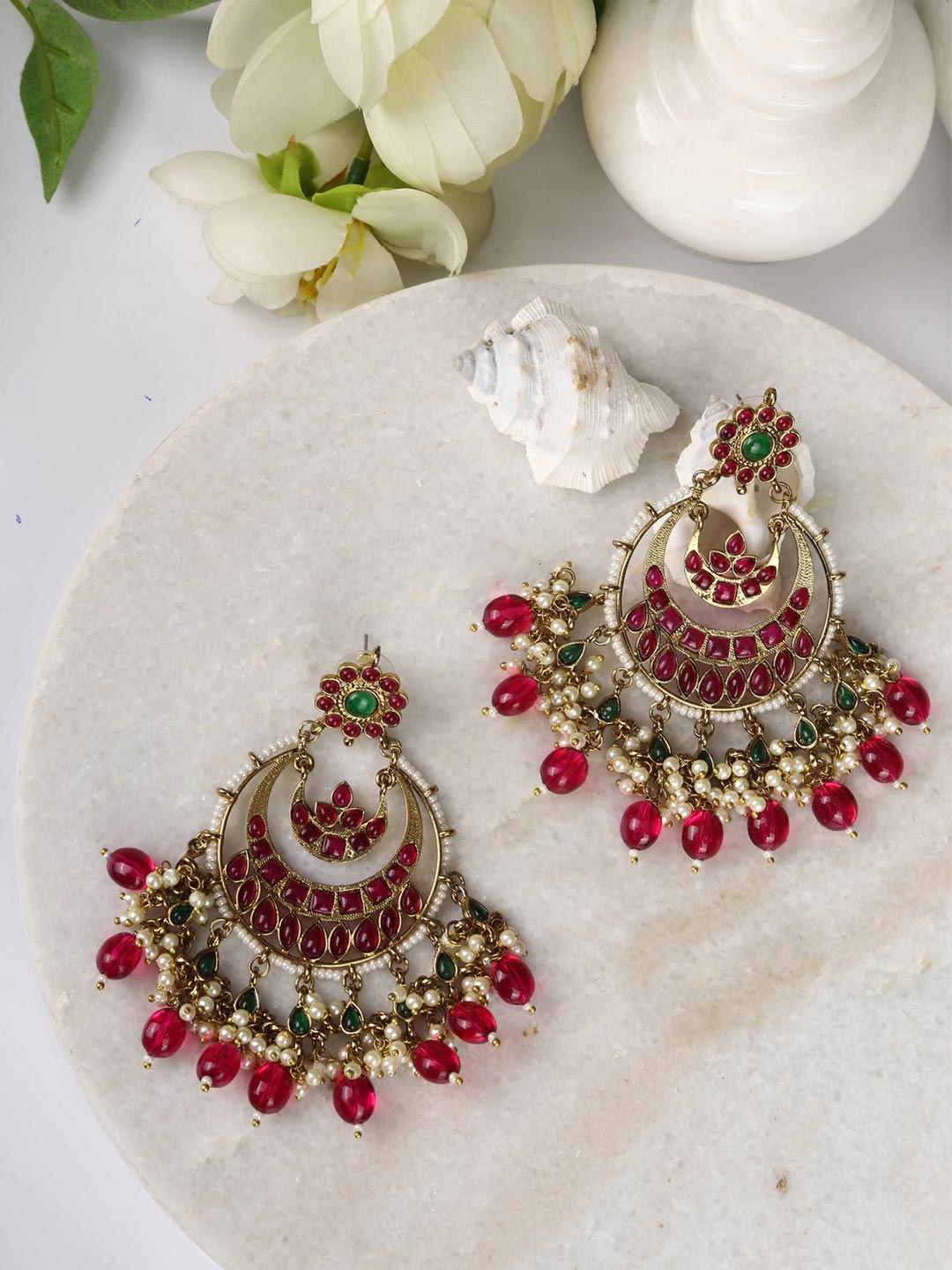 Ruby Beads Stones Gold Plated Chandbali Earring