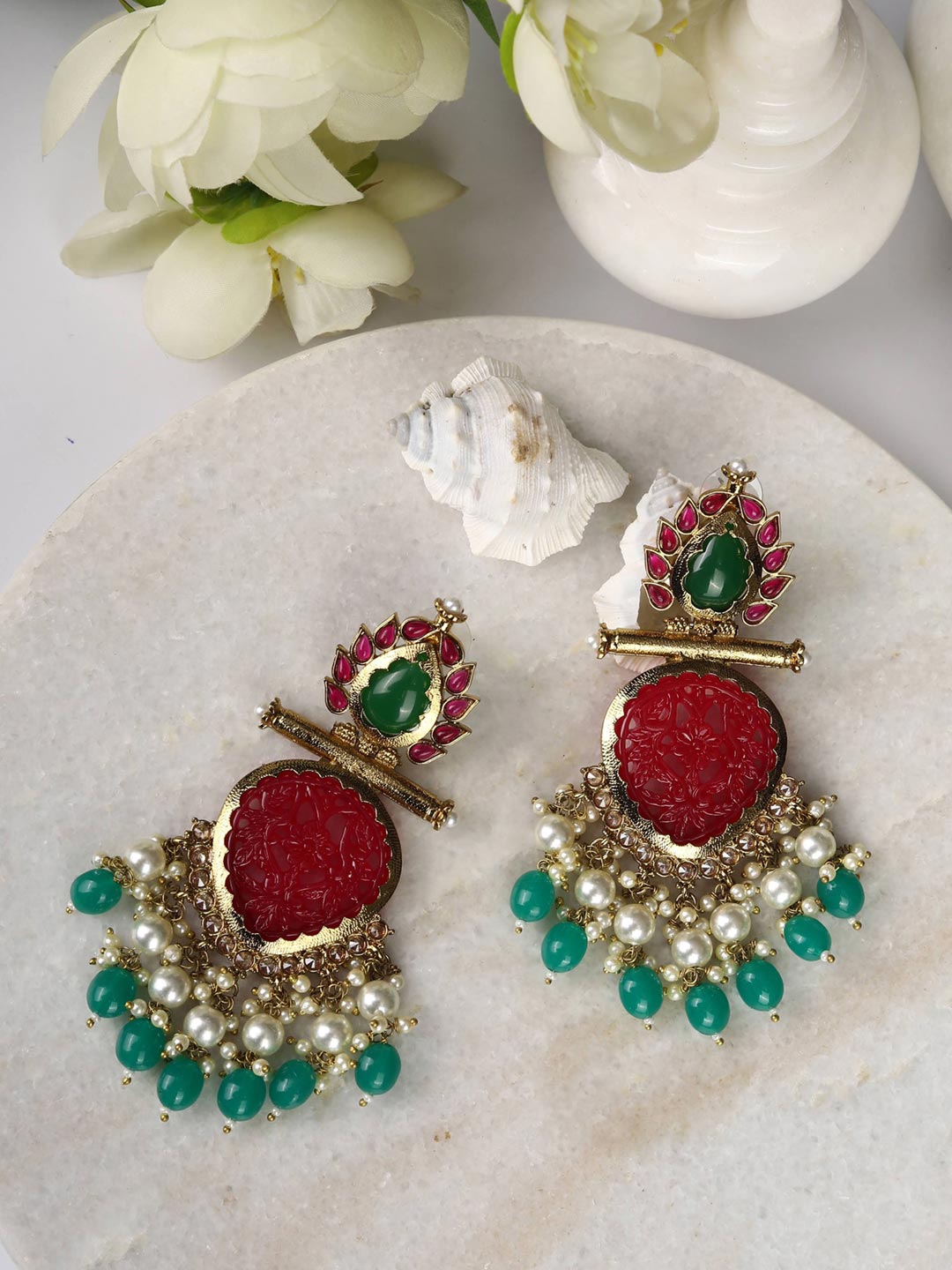 Emerald green stone earrings with fancy cut cz and pearl drop -