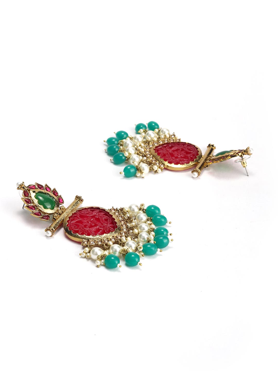 Red Green Pearls Beads Stones Gold Plated Drop Earring