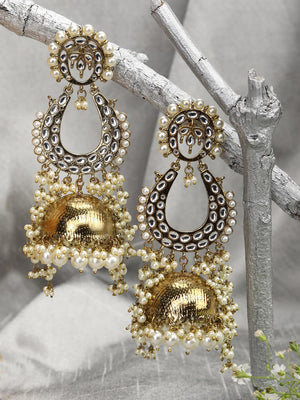 Off White Beads Kundan Gold Plated Jhumka Earring