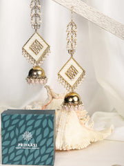 Pink White Beads Pearls Kundan Gold Plated Chained Jhumka Earring