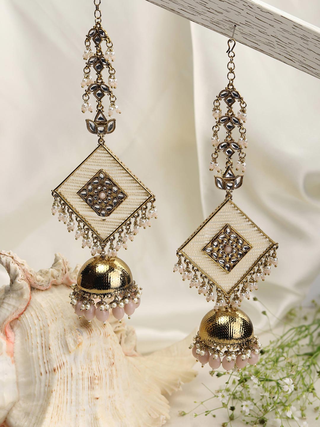 Pink White Beads Pearls Kundan Gold Plated Chained Jhumka Earring