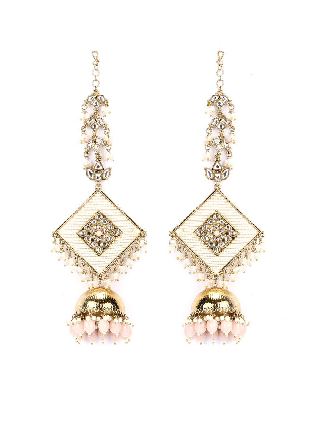 Pink White Beads Pearls Kundan Gold Plated Chained Jhumka Earring