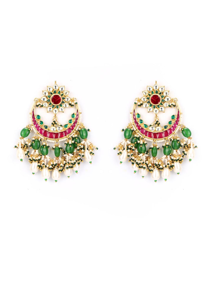 Ruby Emerald Beads Pearls Kundan Crescent Chandbali Earring