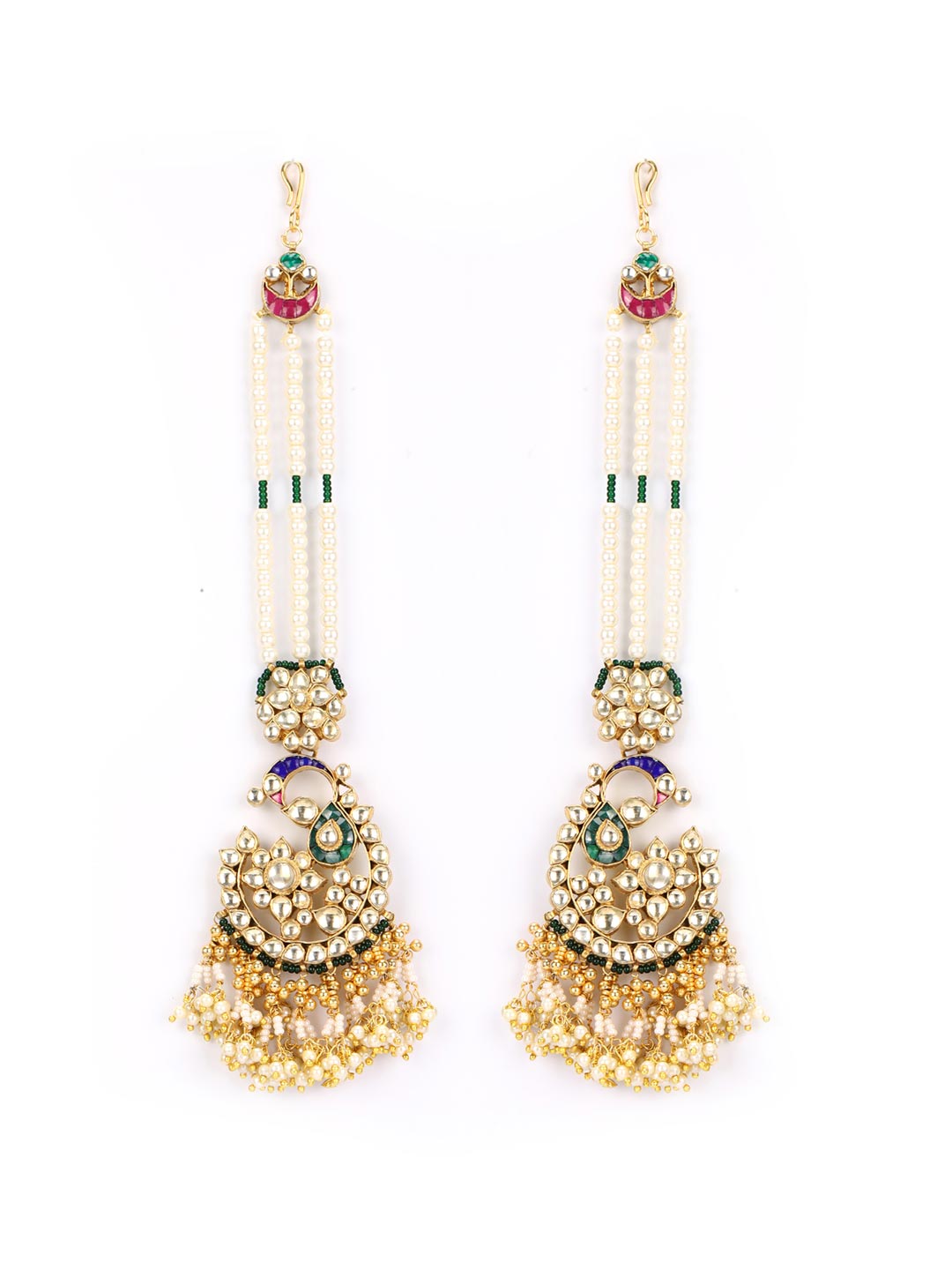 Beads Pachi Kundan Gold Plated Chained Peacock Jhumka Earring