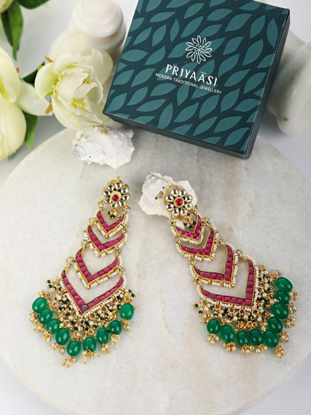 Contemporary Drop - Ruby Emerald Beads Pachi Kundan Gold Plated Earrings