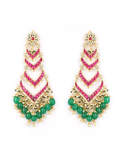 Contemporary Drop - Ruby Emerald Beads Pachi Kundan Gold Plated Earrings