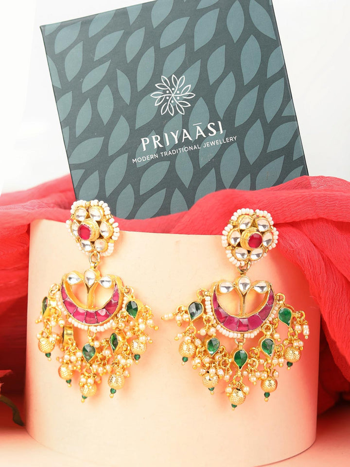 Heer-Pachi Kundan Ruby Pearls Beads Gold Plated Chandbali Earring