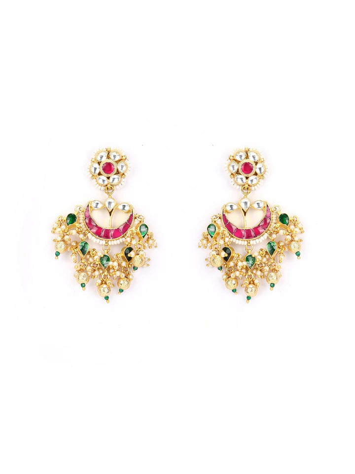 Heer-Pachi Kundan Ruby Pearls Beads Gold Plated Chandbali Earring