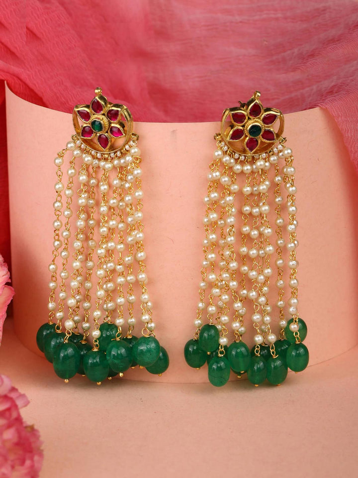 Emerald Beads Ruby Pachi Kundan Gold Plated Drop Earring