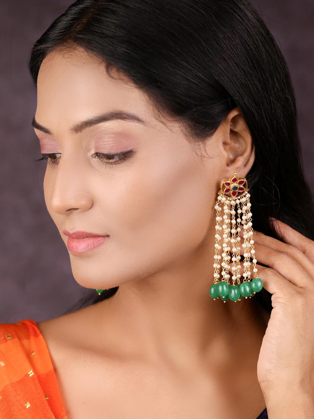 Emerald Beads Ruby Pachi Kundan Gold Plated Drop Earring