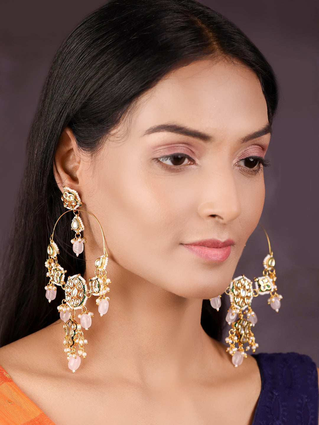 Nazm-Pearls Beads Kundan Gold Plated Drop Earring