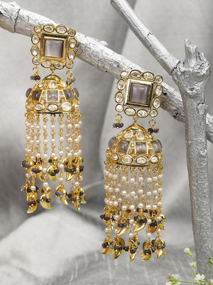 Saanjh Swar-Grey Stones Beads Gold Plated Jhumka Earring