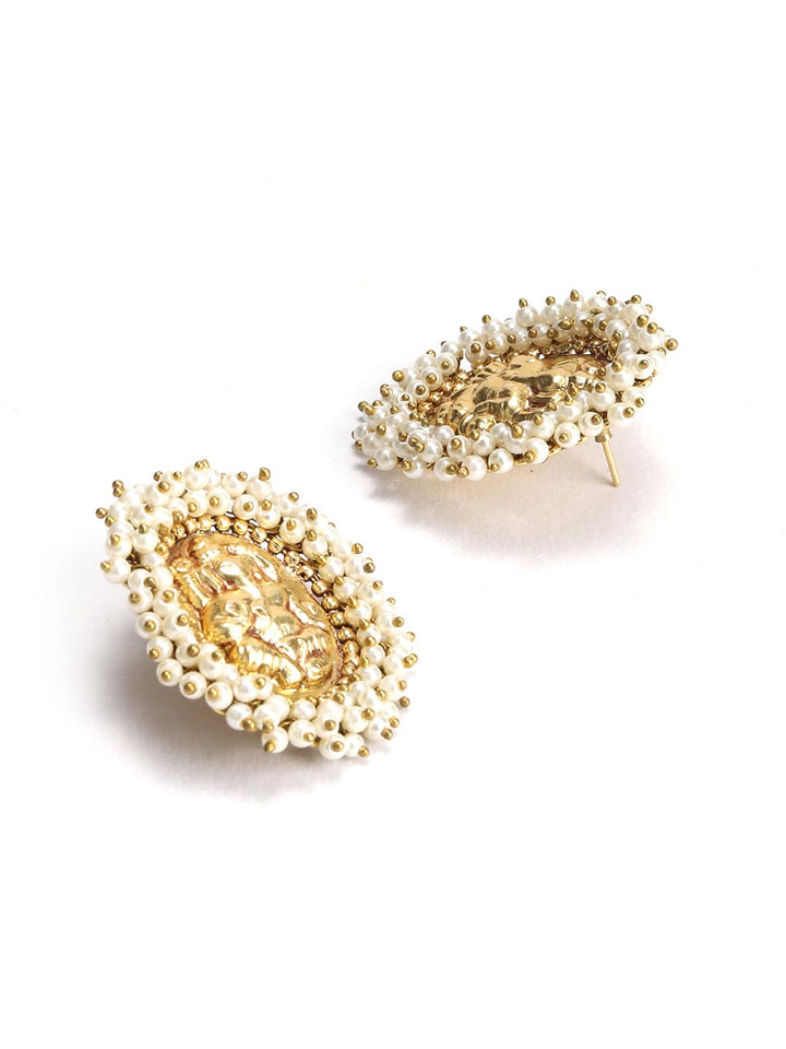 White Beads Gold Plated Temple Stud Earring