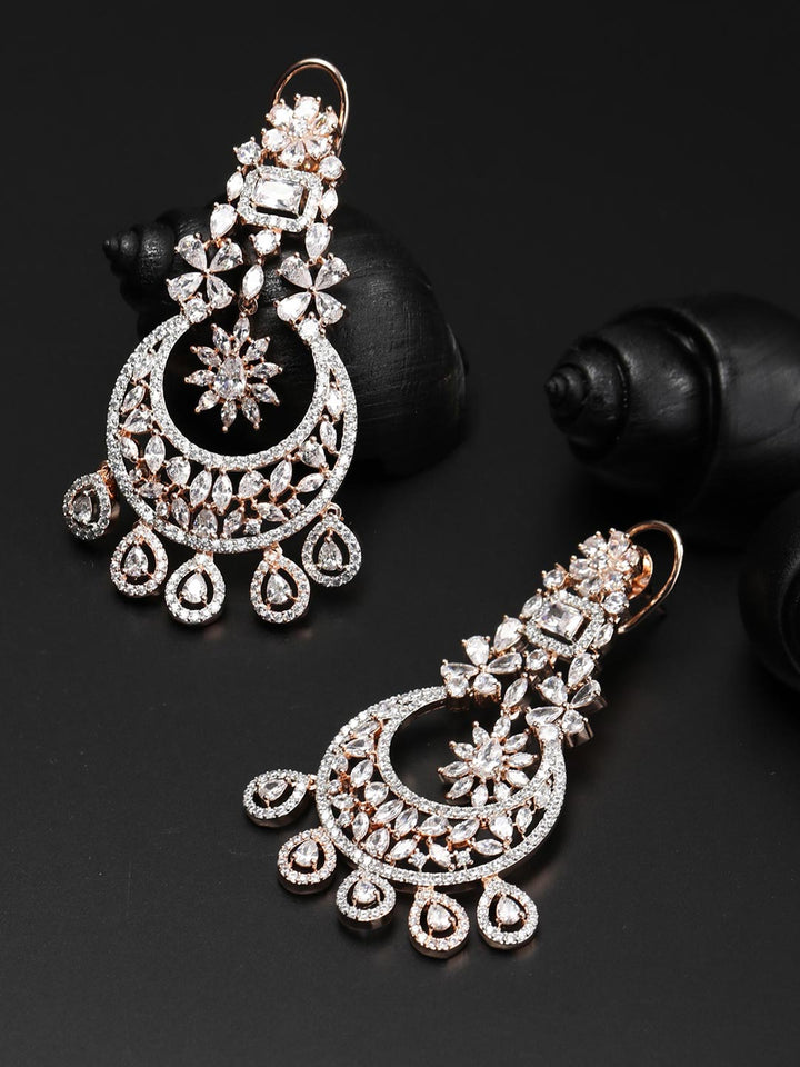 American Diamond Rose Gold Plated Crescent Drop Earring
